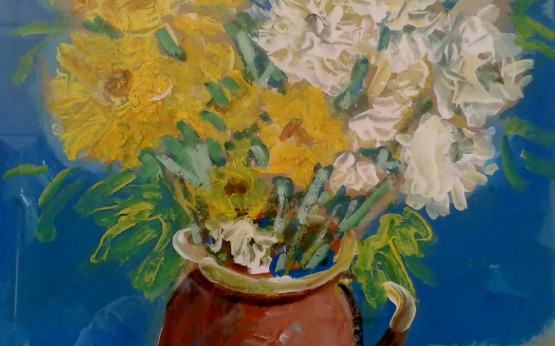 Still life with flowers in earthenware jug