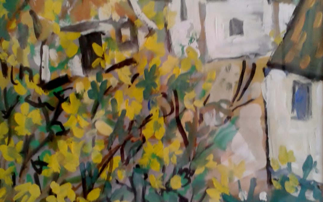 Houses with yellow blossom