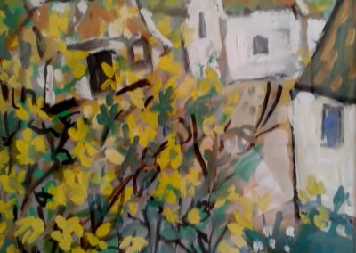 Houses with yellow blossom