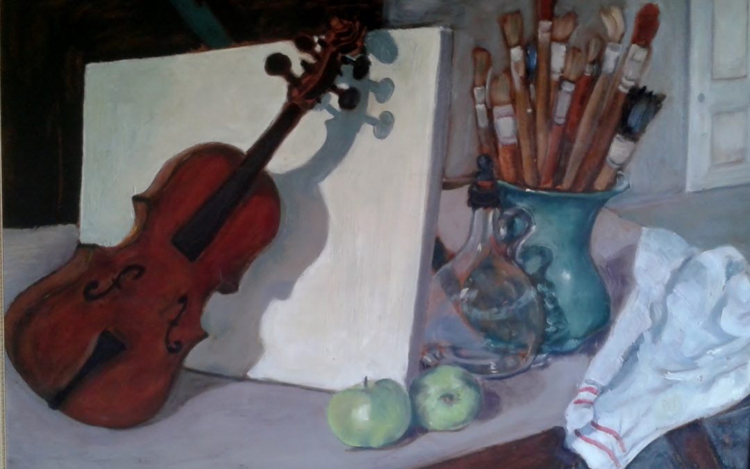 Still life with violin and paint brushes