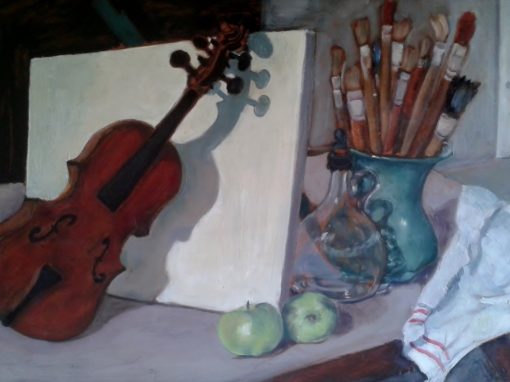 Still life with violin and paint brushes